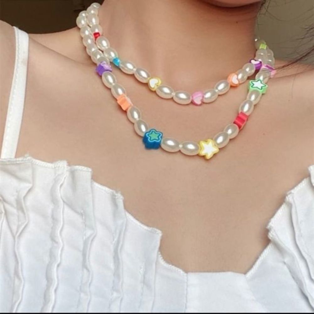 Y2K Style Faux Pearl Charm Colorful Beaded Stars & Hearts Choker Necklace Set x2